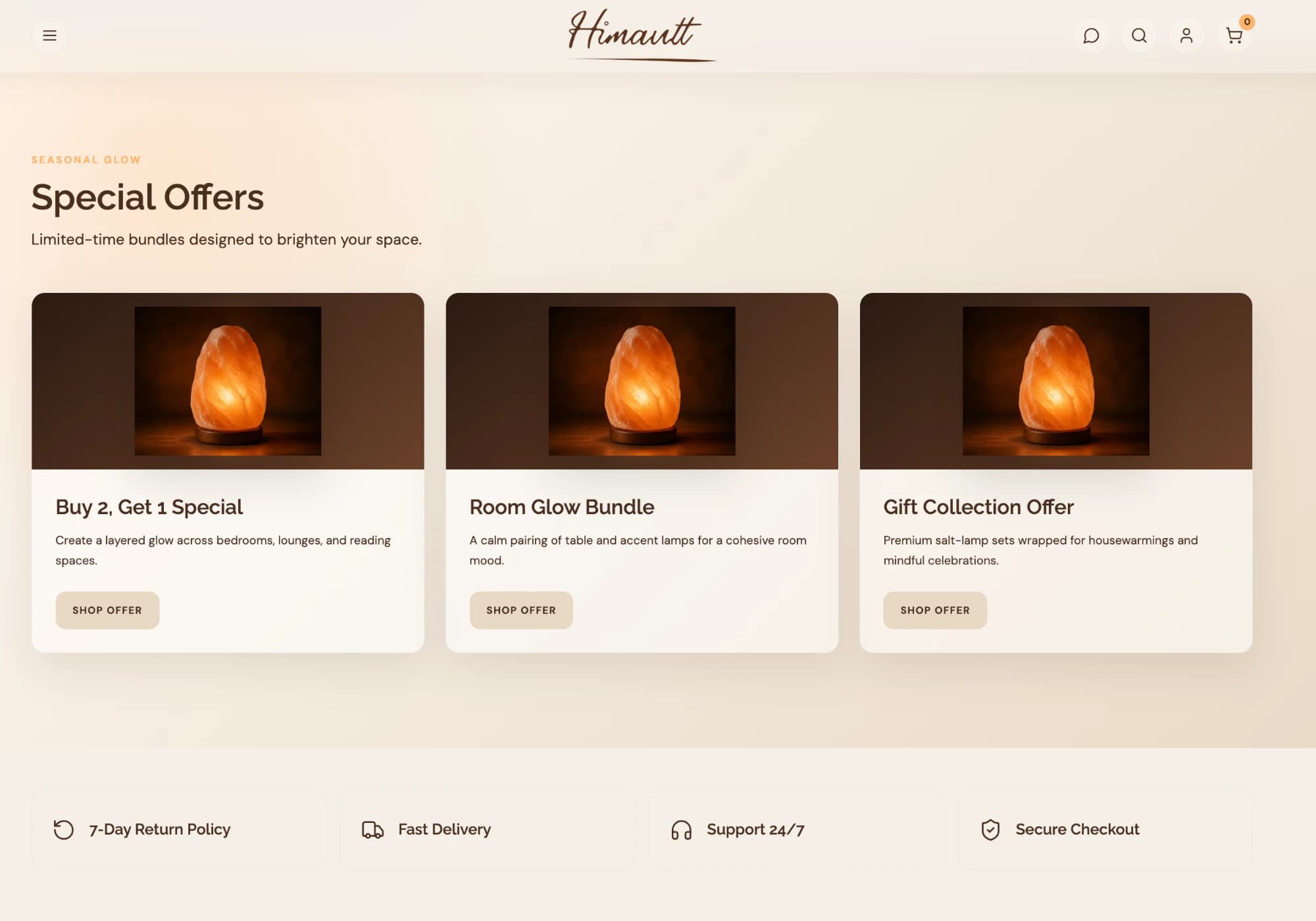 Himault Special Offers section with three promotional cards and a trust strip
